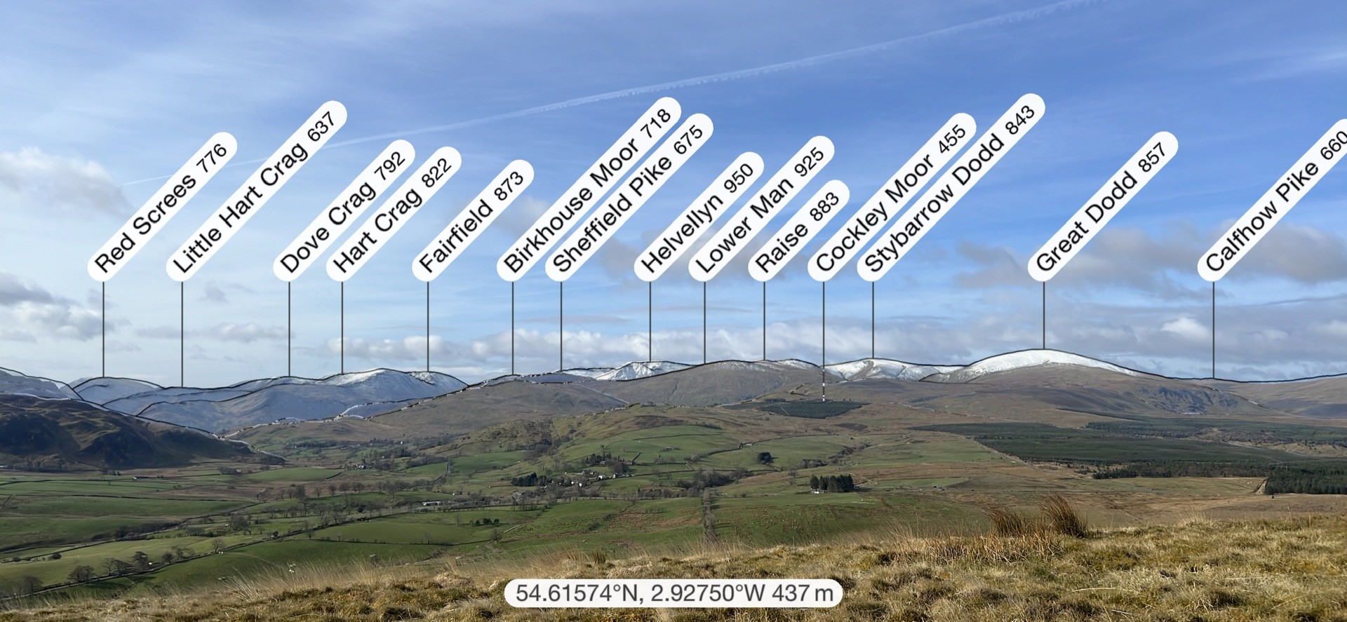 The view from Great Mell Fell with the mountain ranges labelled. From left to right: Red Screes 776, Little Hart Crag 637, Dove Crag 792, Hart Crag 822, Fairfield 873, Birkhouse Moor 718, Sheffield Pike 675, Helvellyn 950, Lower Man 925, Raise 883, Cockley Moor 455, Stybarrow Dodd 843, Great Dodd 857, Calfhow Pike 660