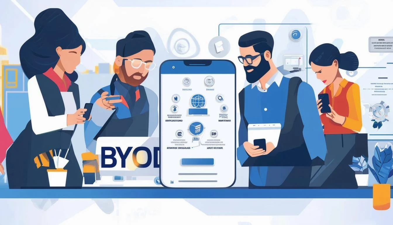 A detailed image of the concept of Bring Your Own Device BYOD in a professional setting, showing frontline employees using their personal smartphones