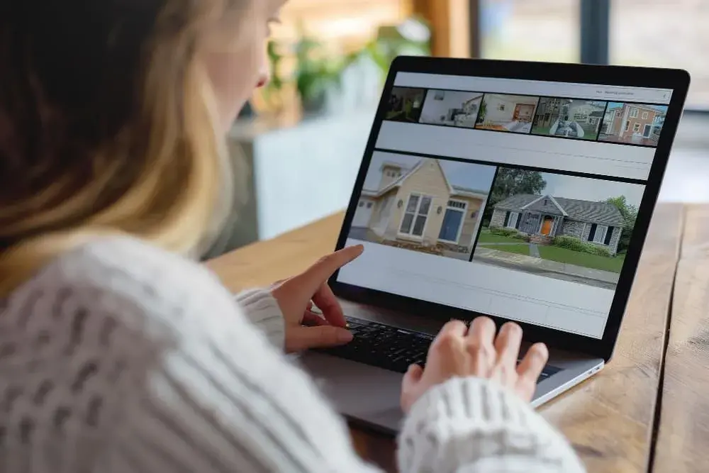 A woman in a cozy sweater searches for homes online, viewing house listings on her laptop at a wooden table. The image represents researching VA loan options and finding the right home with help from Chris Lewis Home Loans.
