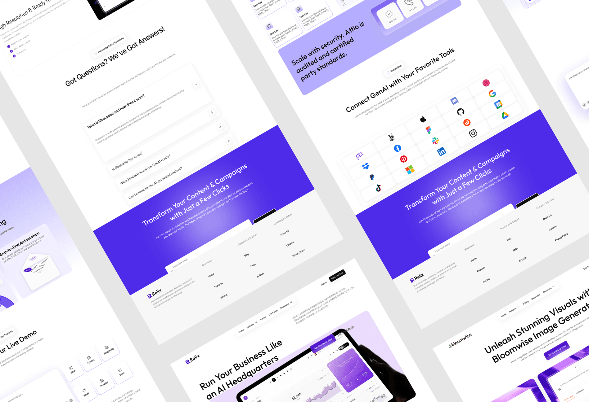  A collection of web pages featuring a purple and white color scheme, showcasing various designs and layouts.