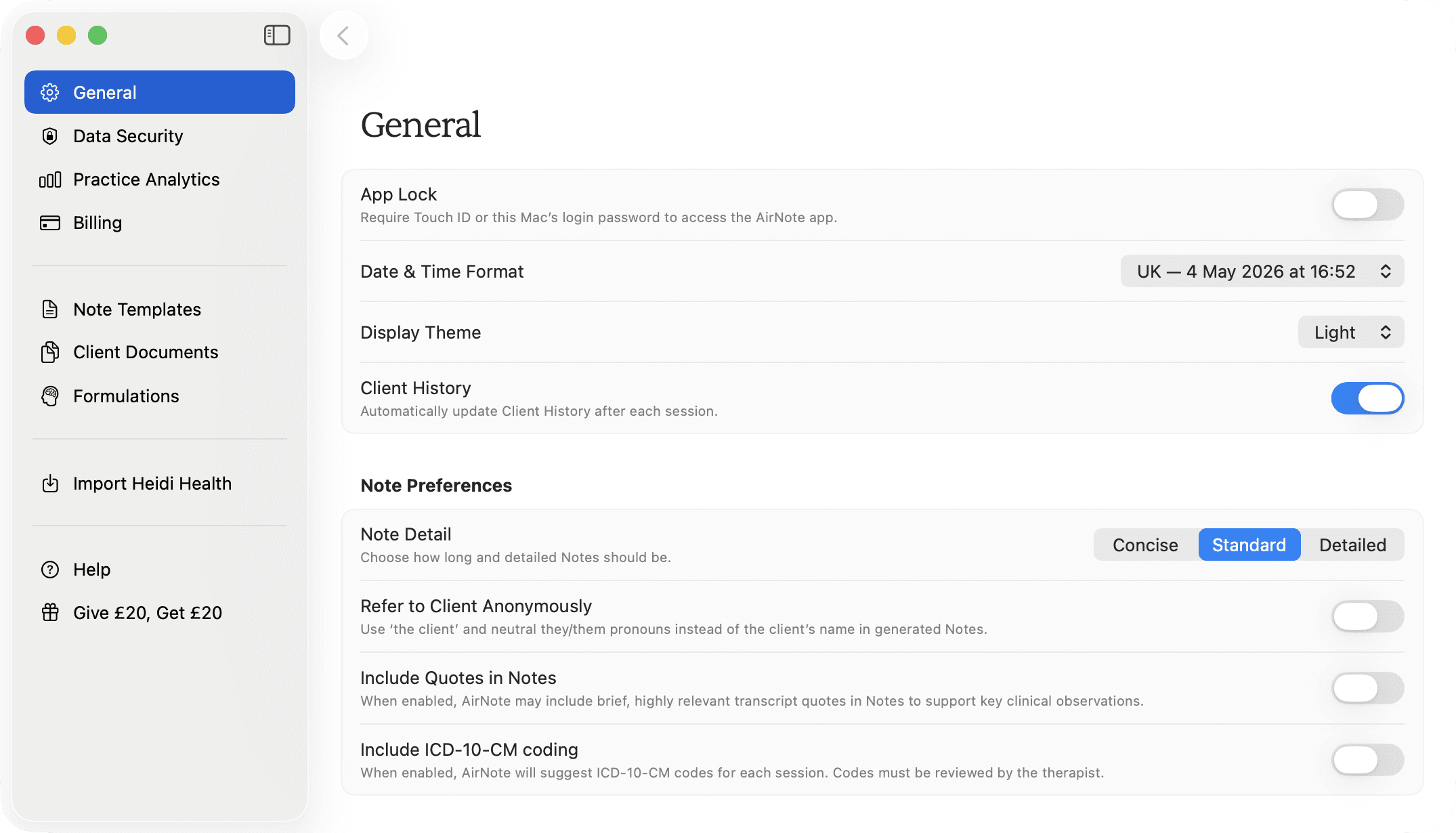 AirNote’s General settings, with Note Preferences below Client History and Refer to Client Anonymously currently switched off.