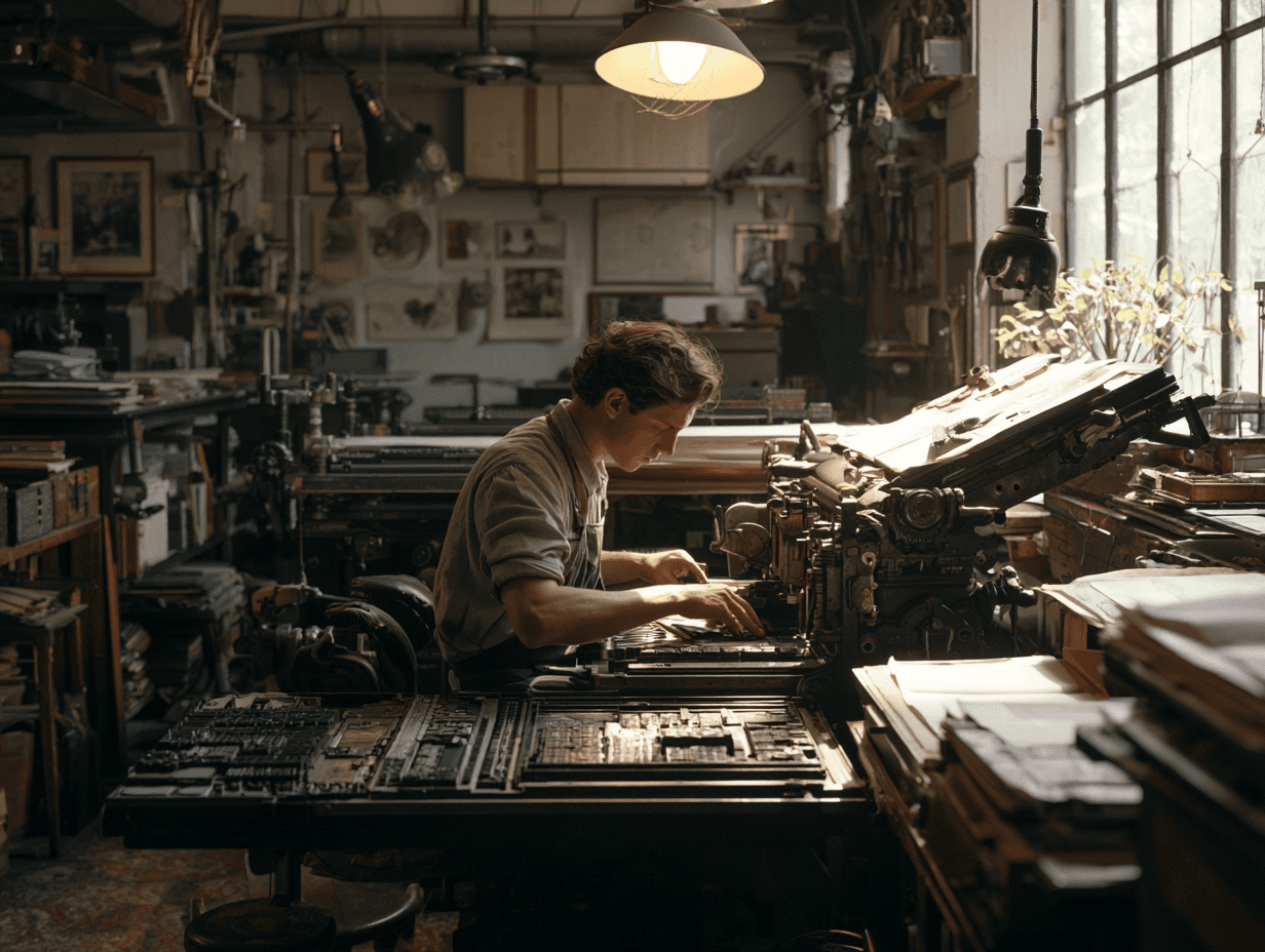 image of a worker typesetting an old printmaking machine