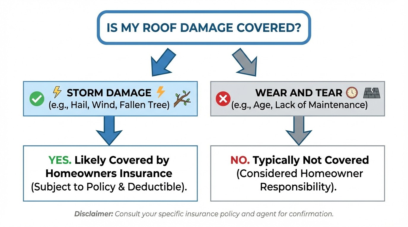 Insurance coverage decision flowchart for roof damage types