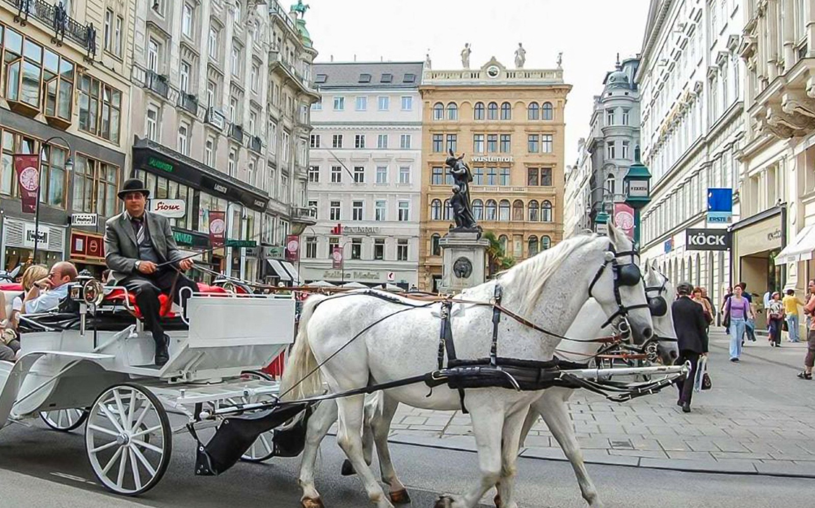 Horse-drawn carriage on a street in Vienna during a guided walking tour.