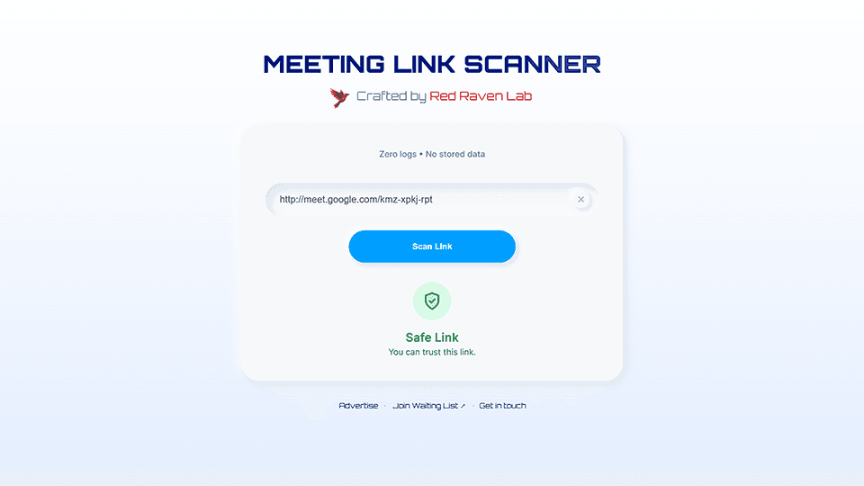 Meeting Link Scanner step 3 — safe link confirmed with security verdict