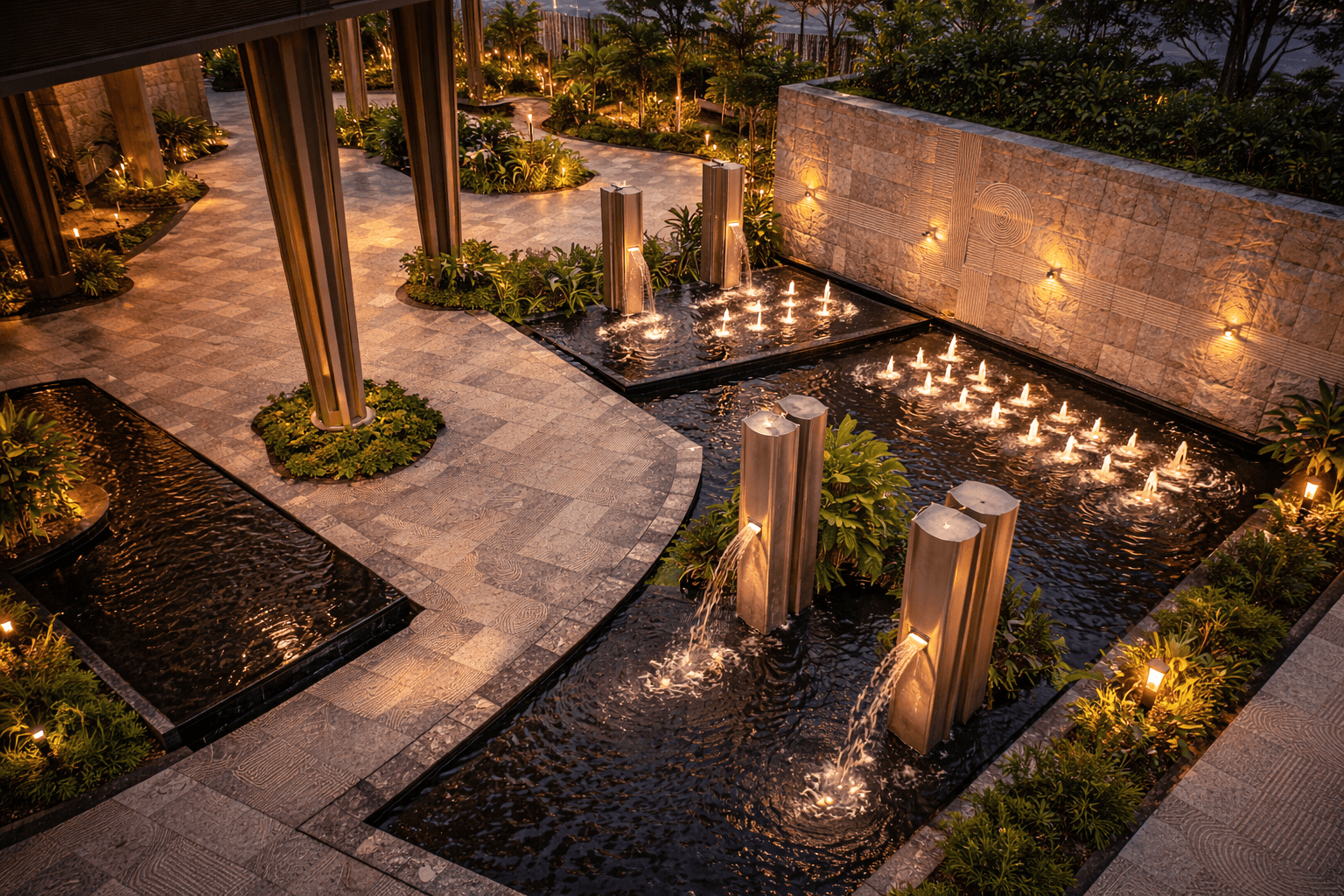 Egmore Black stone used around water feature and landscape elements in commercial project