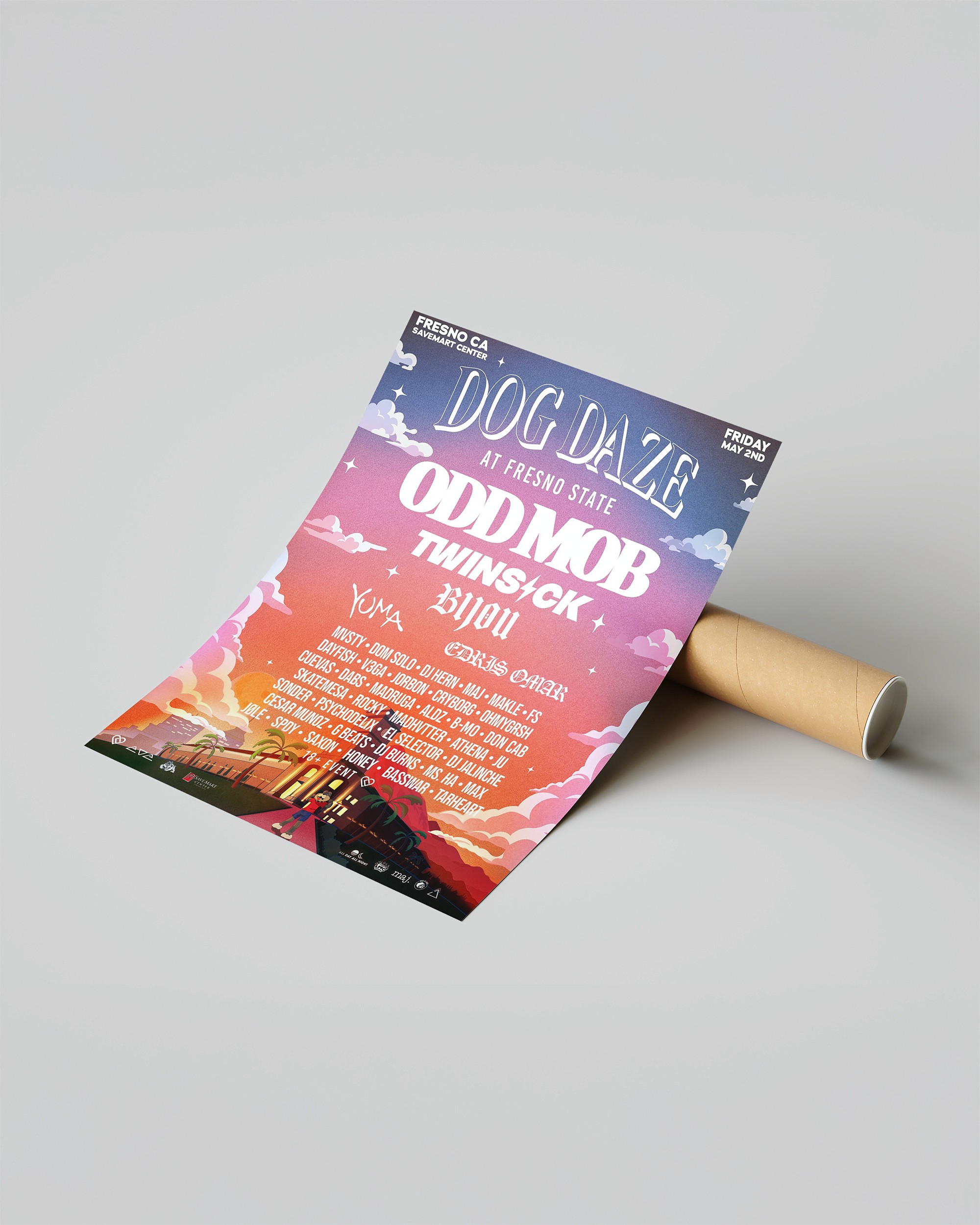 Lifestyle mockup of the Dog Daze music festival poster illustration and print design.