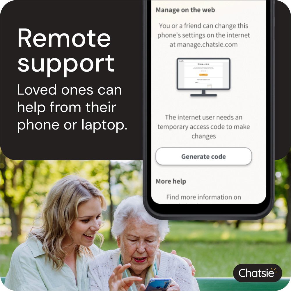 A younger woman sits with an older woman outdoors, smiling as they look at a phone together, alongside a screenshot showing how Chatsie allows loved ones to provide remote support from their own device.