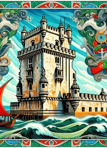 Vibrant tapestry-style illustration of the historic Belem Tower in Lisbon with swirling clouds and waves, symbolizing Story Inventory's ability to share your product's story in Portuguese, embracing Portugal's rich heritage