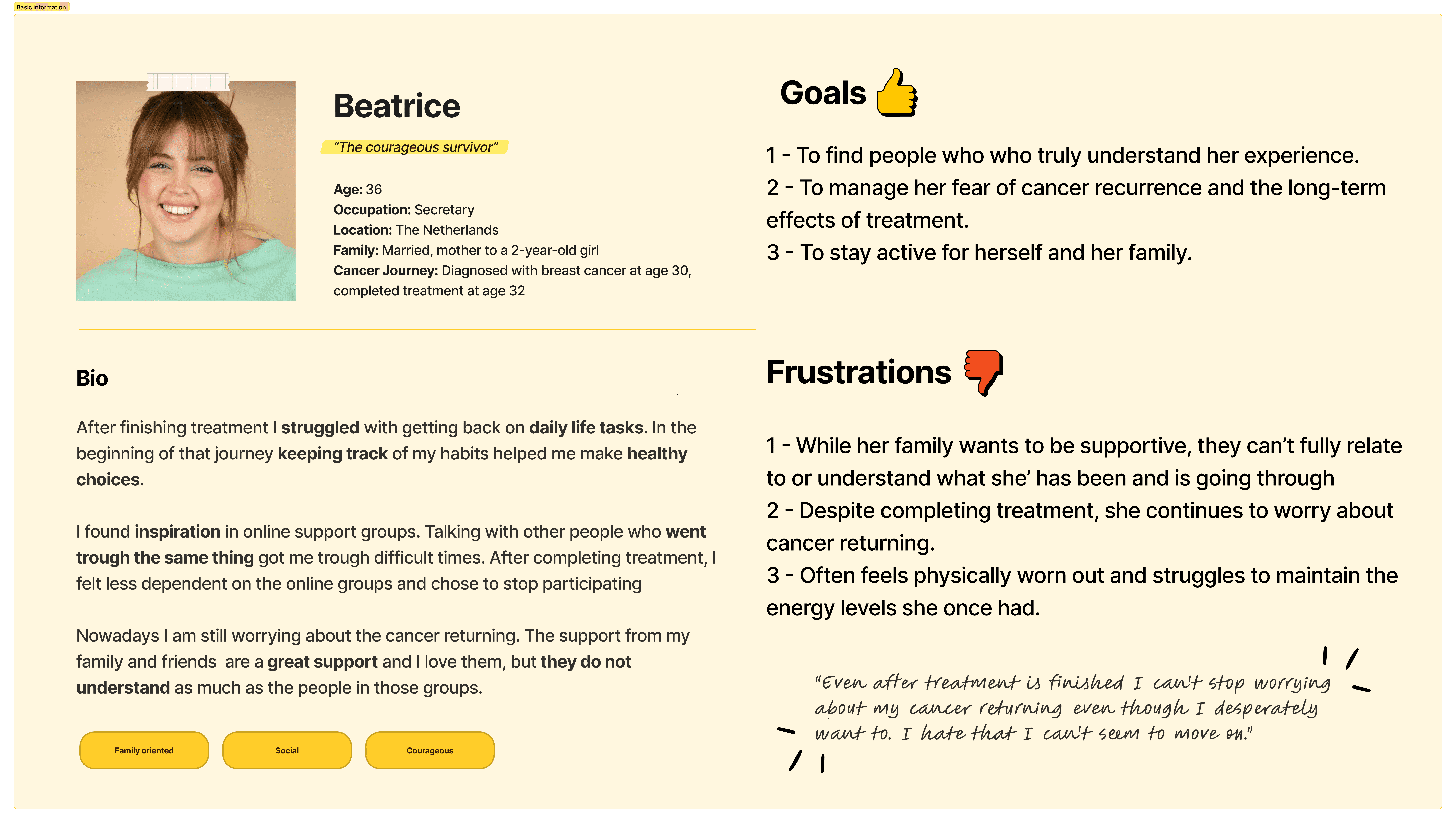 User persona card for Beatrice, a cancer survivor.