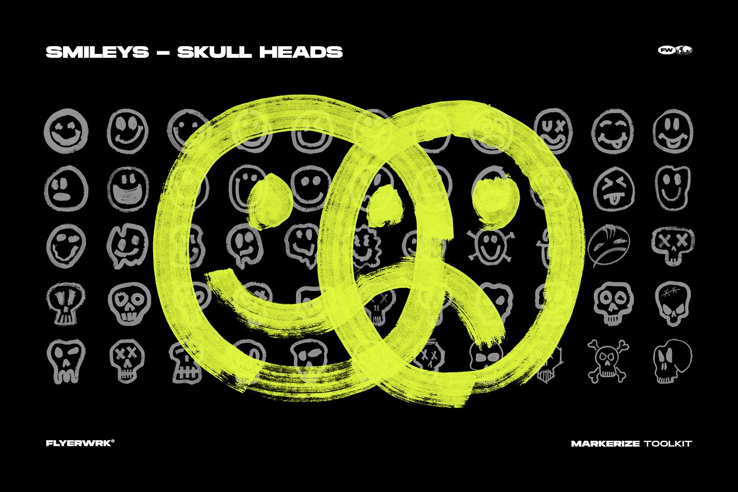 Markerize set of hand drawn smiley faces and skull head doodles with neon yellow accents
