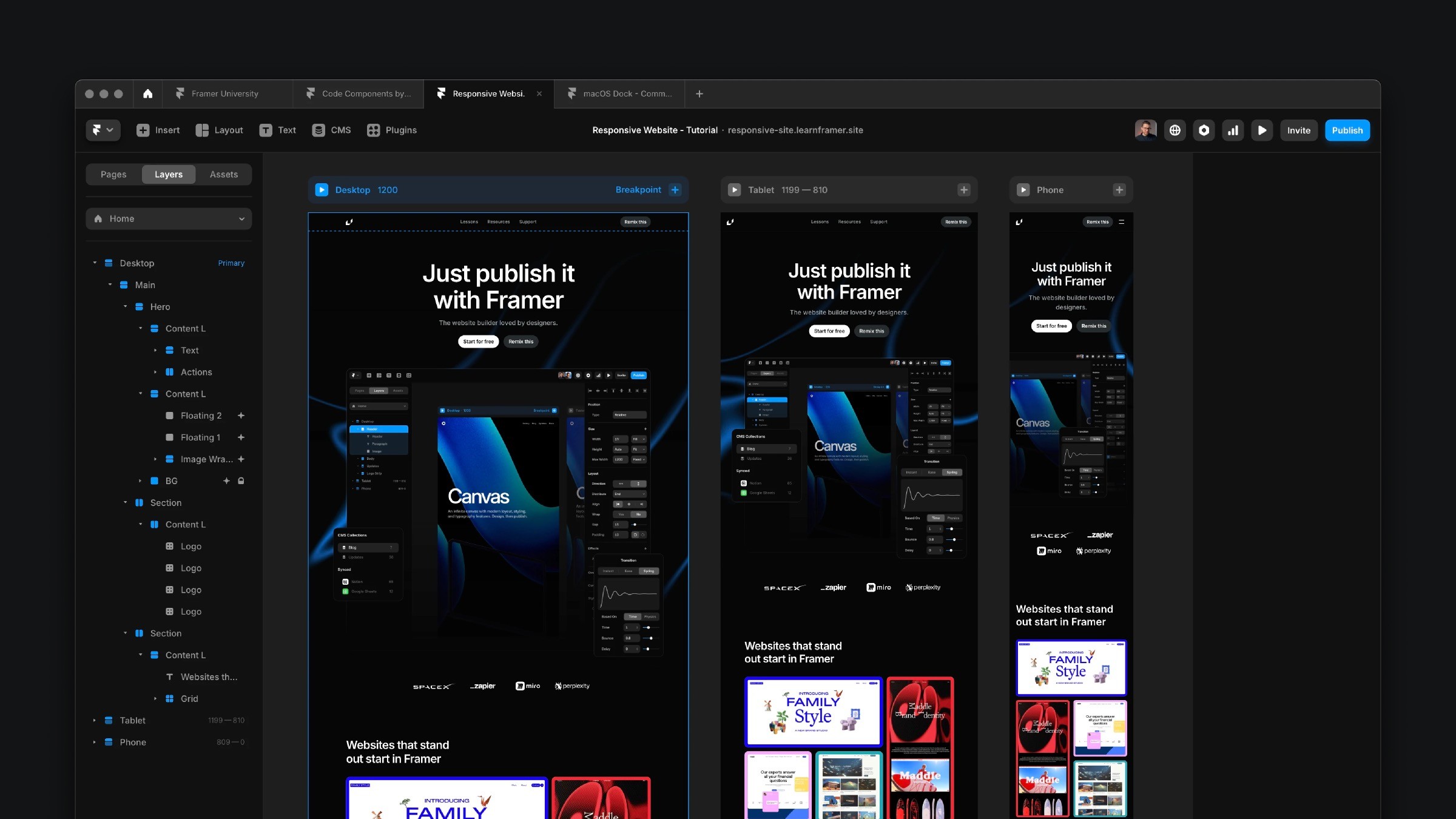 Framer editor showing responsive website design across desktop, tablet, and mobile