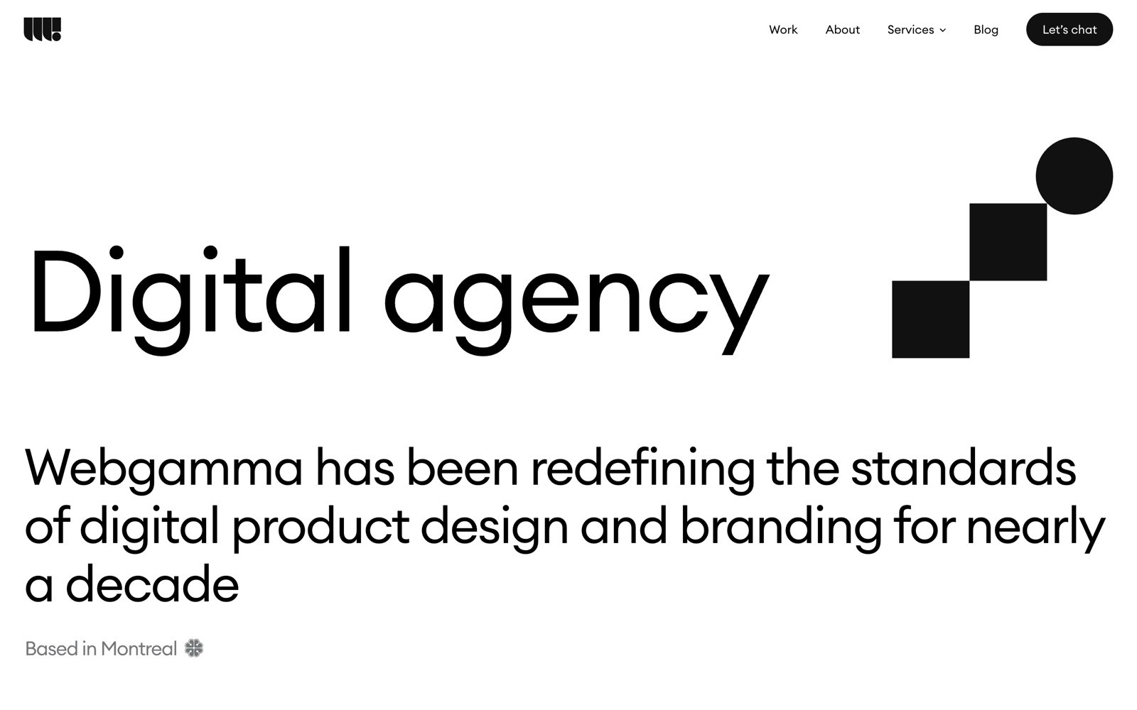 White background with large text "Digital agency," and smaller text "Webgamma has been redefining..." Geometric black shapes on the right.