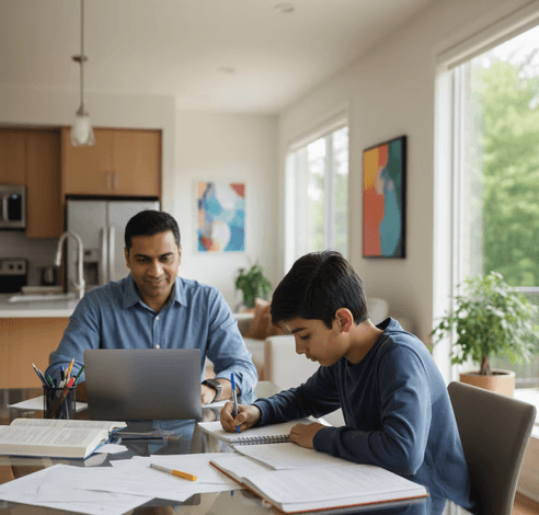 Portrait of a young man with curly hair wearing a yellow hoodie and backpack
