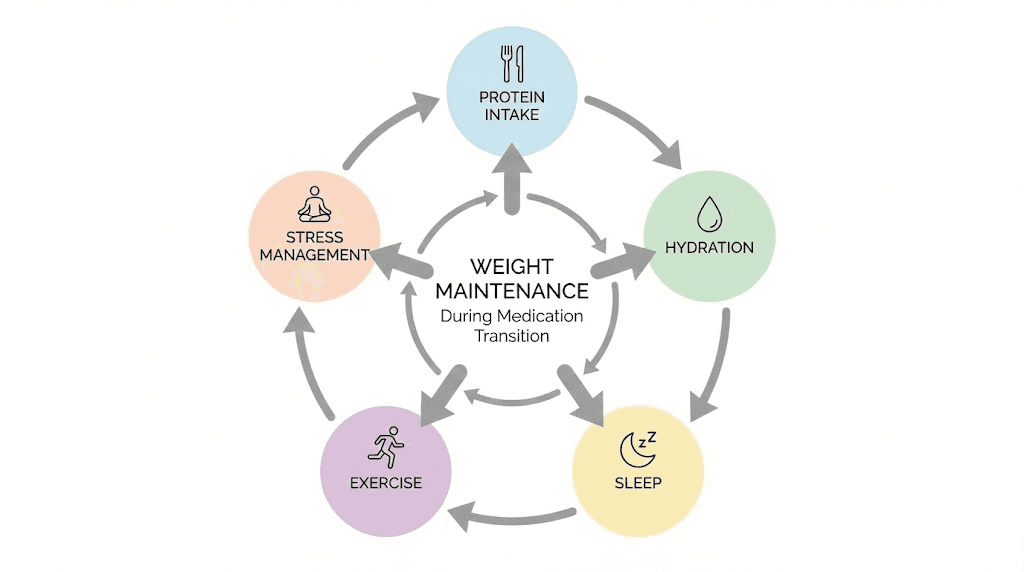 Weight loss maintenance strategies during tirzepatide to semaglutide switch showing key lifestyle factors for preventing weight regain