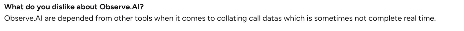 User review noting reliance on external tools and incomplete real-time call data in Observe.AI