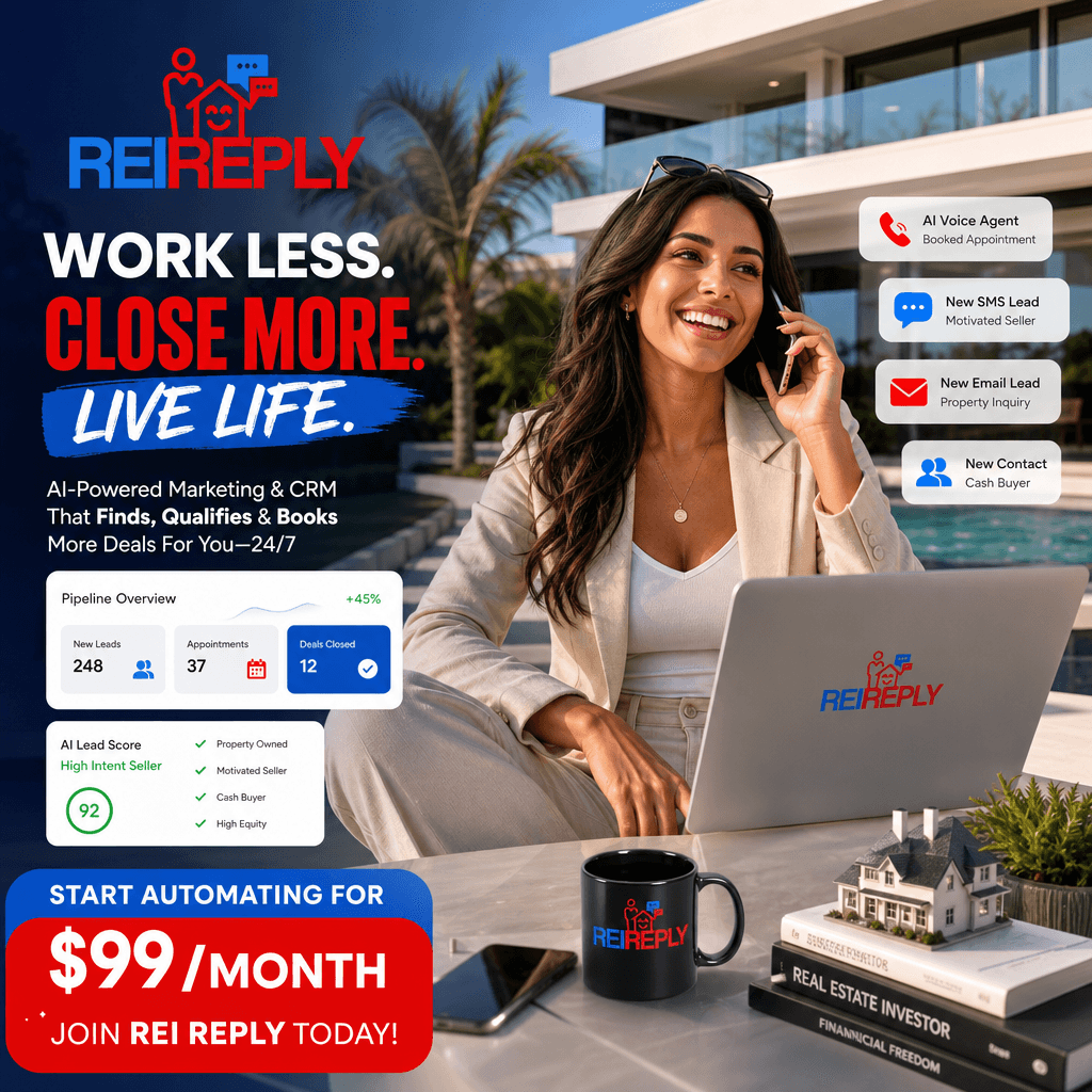Real estate investor using REI Reply AI platform with automated lead notifications and CRM dashboard.