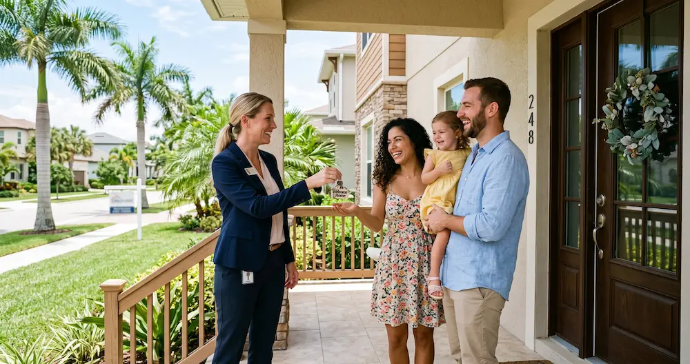 A Bradenton real estate agent handing keys to a happy family outside their new home.