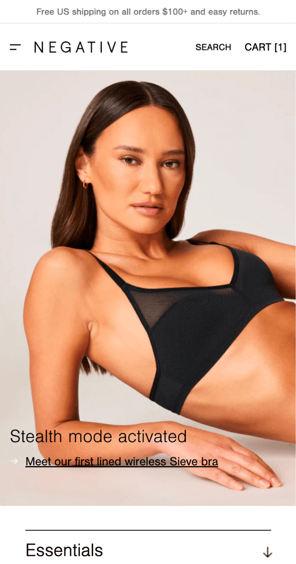 Mobile homepage for Negative Underwear featuring minimalist lingerie campaign
