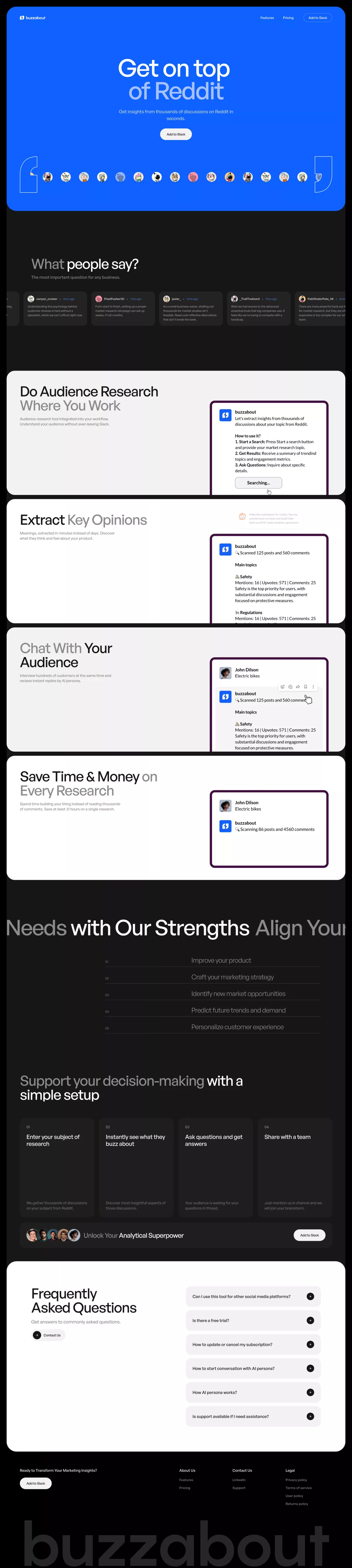 buzzabout - AI Audience Research Tool landing page screenshot showcasing Tech and Marketing design