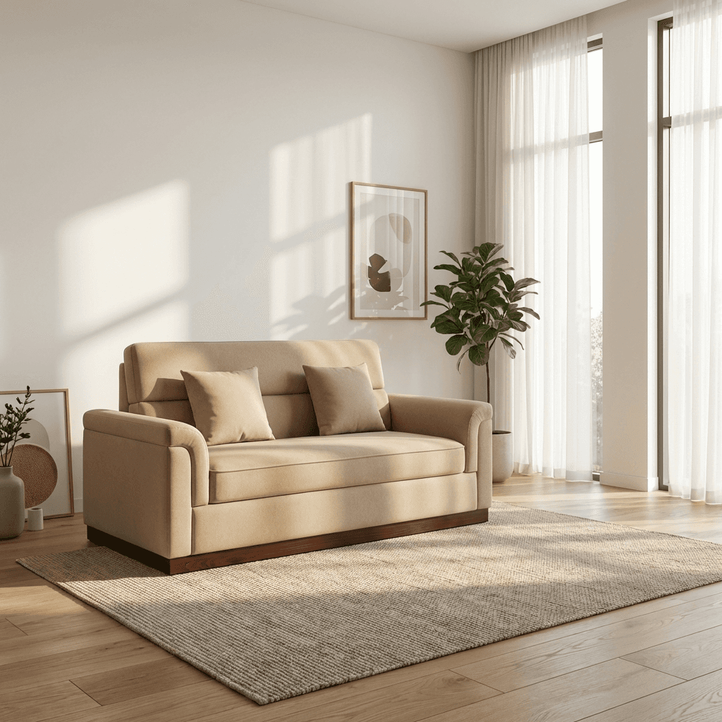 Three‑seater cream upholstered sofa with tufted back cushions and wooden arm frame