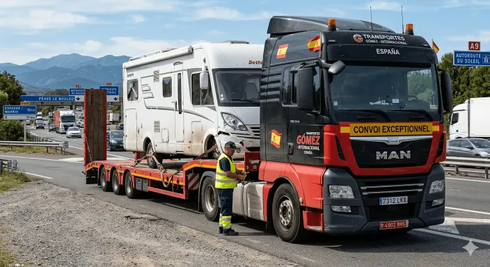 Camión góndola de transporte pesado repatriando una autocaravana averiada desde el extranjero hasta Murcia.
