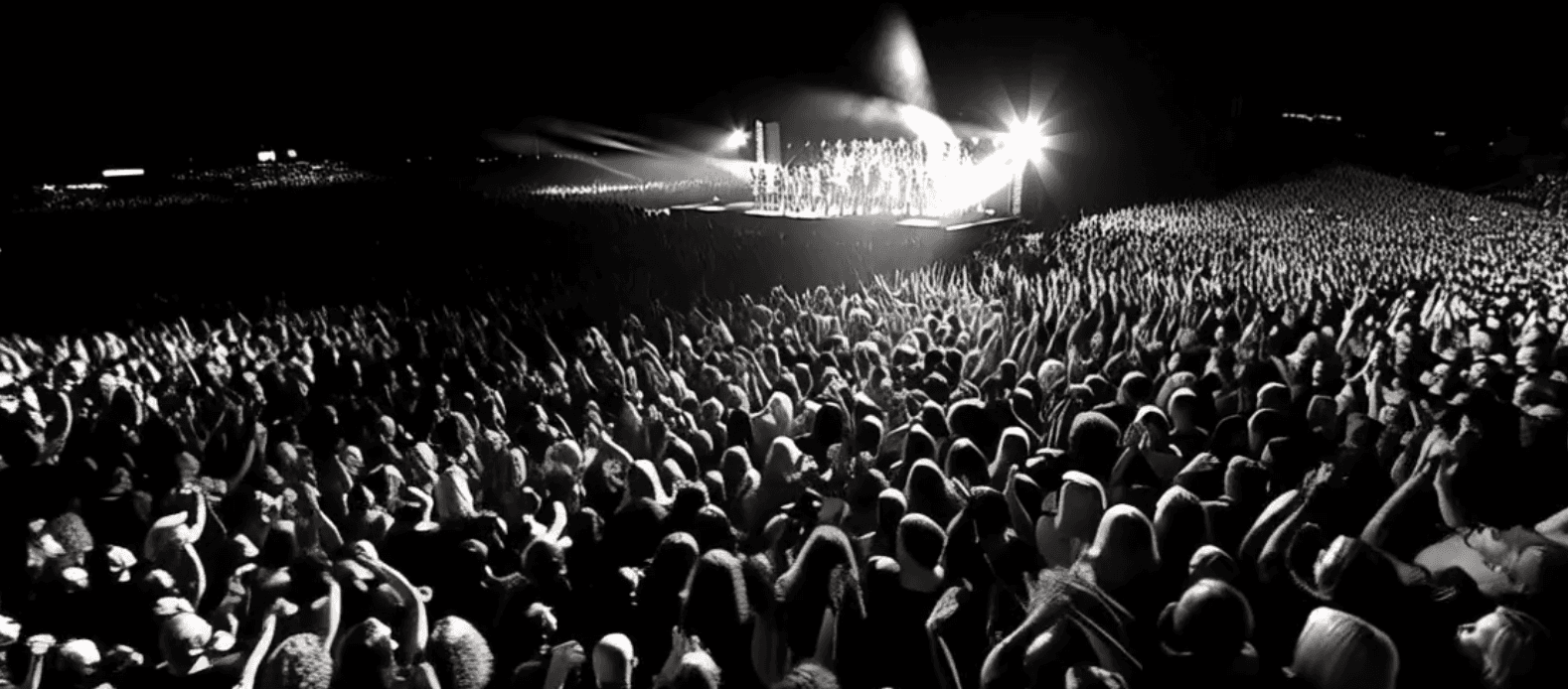An evening photo of the festival, showing a crowd of people and a stage with a performing artist in the distance in the background