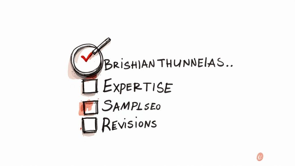 Whiteboard illustration of a checklist with items Expertise, SAMPLSEO, and Revisions, two checked.