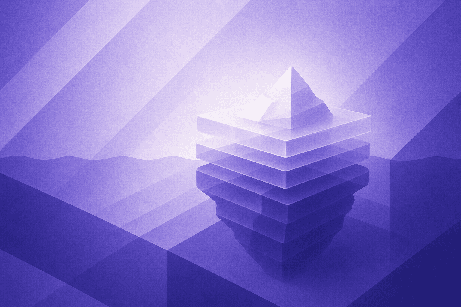 A clean, modern illustration showing stacked transparent layers of cost — like an iceberg or layered blocks — representing visible software pricing on top and hidden implementation costs beneath, in a minimalist B2B SaaS style with blues and grays, no text or labels