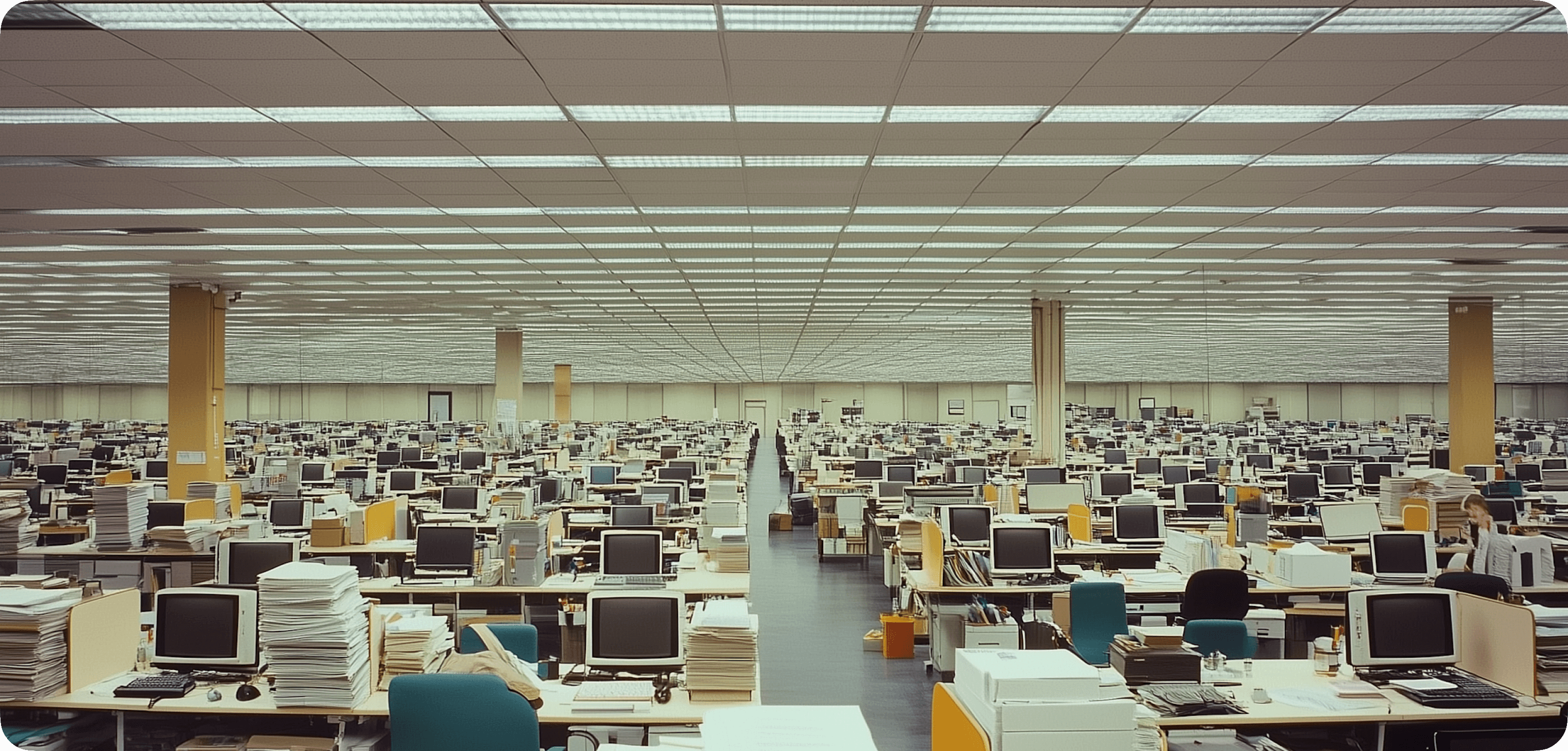 Large office with rows of identical desks and vintage monitors in a grid layout