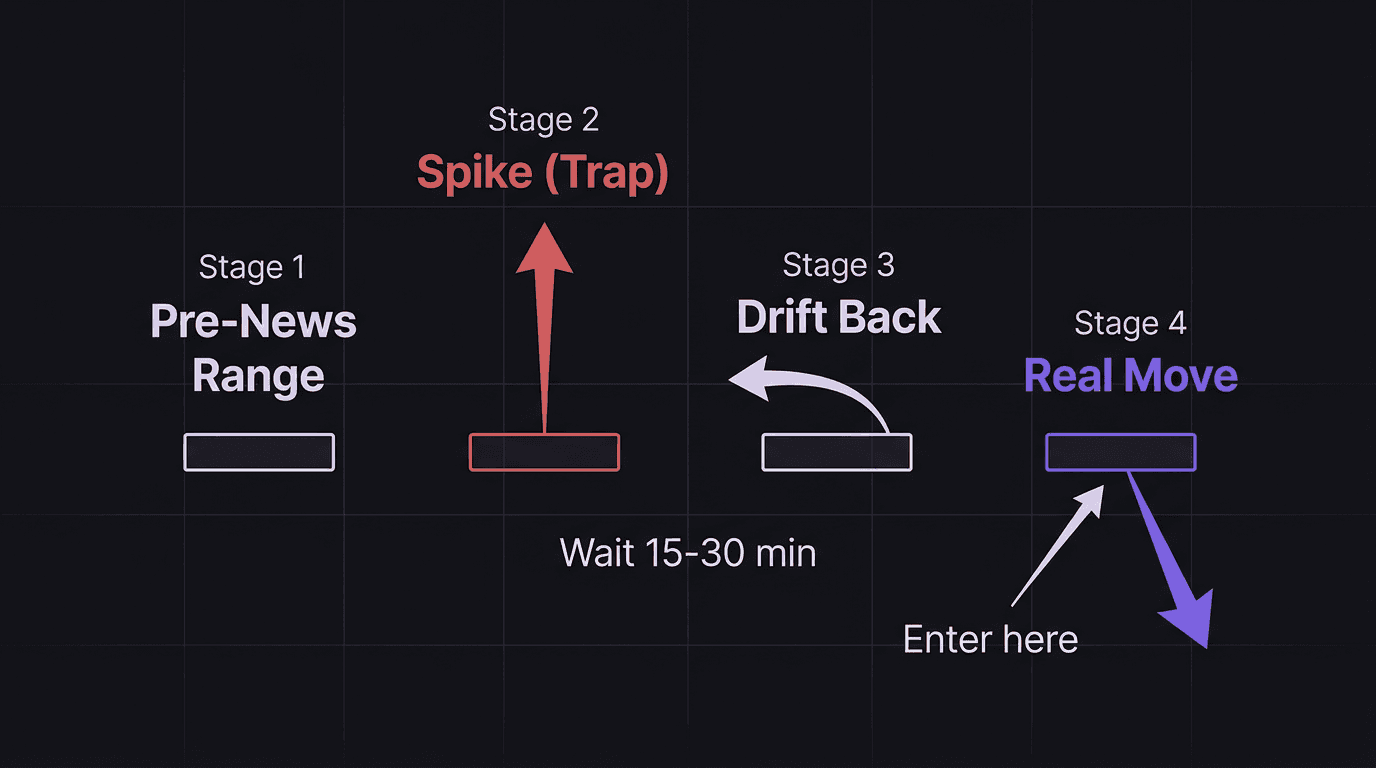Timeline showing the news trading sequence from pre-news range through spike, drift, and real move