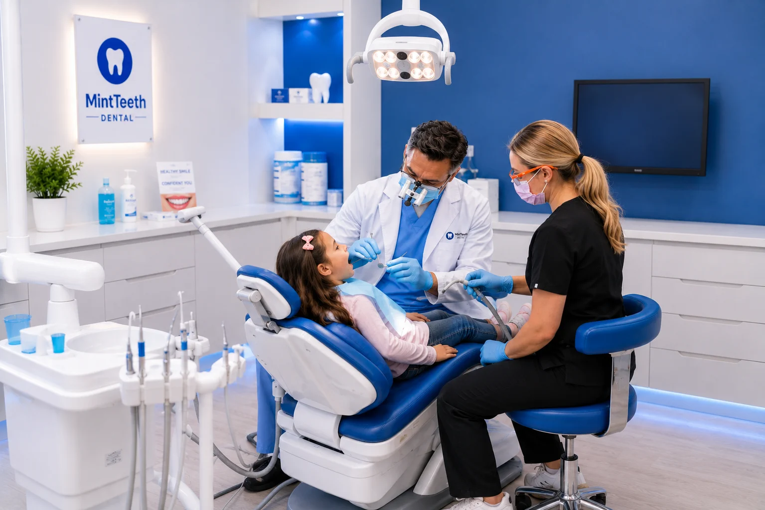 Dentist providing gentle dental care for a child in a modern dental clinic
