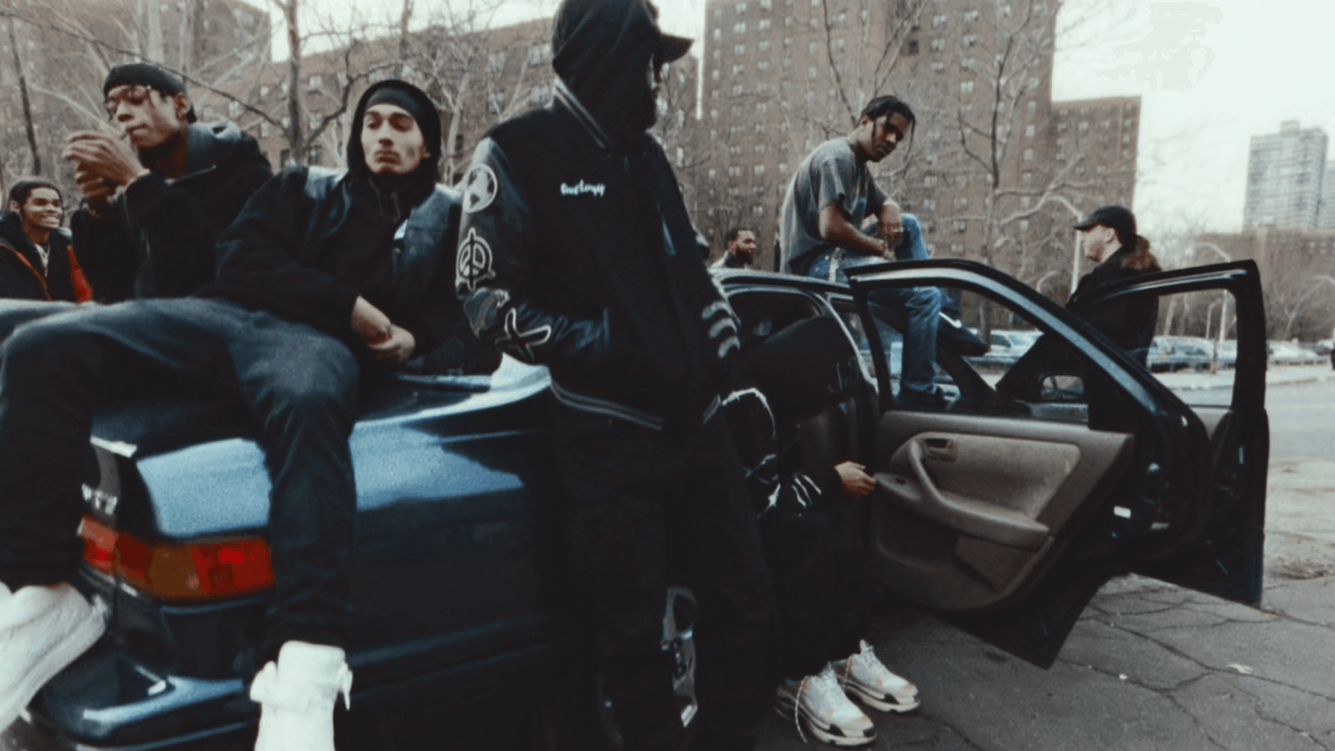 Symmetrical view of modern buildings from below