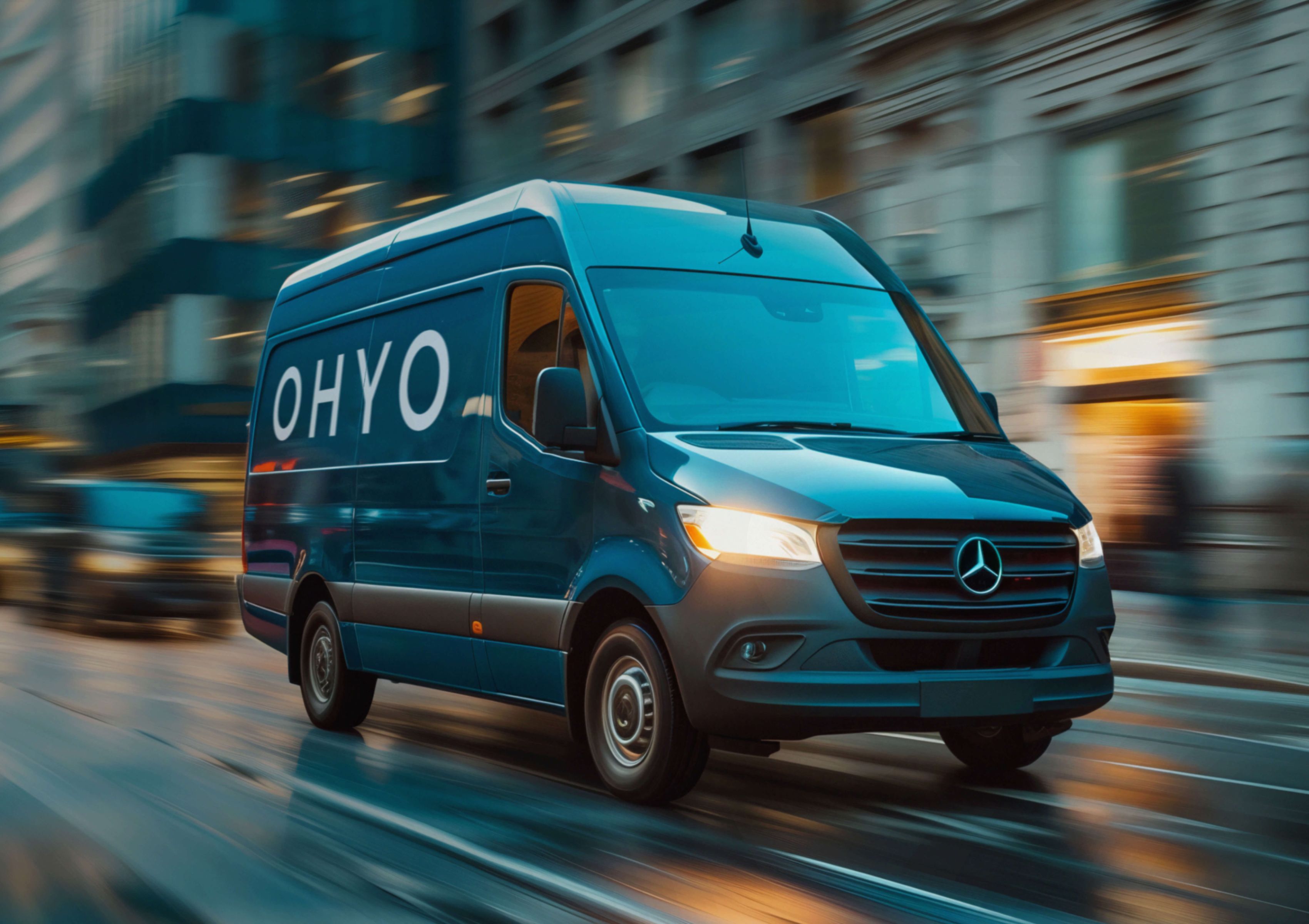 OHYO Distribution delivery van driving through the city — corporate visual identity showcase.