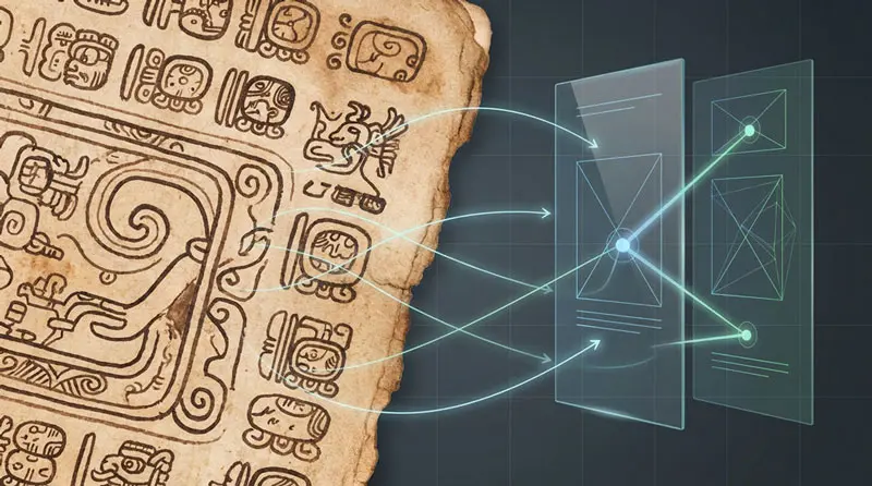 Ilustración que muestra la conexión entre glifos prehispánicos y nodos de una red digital, representando el análisis de patrones en textos antiguos aplicados al diseño de tecnología moderna.