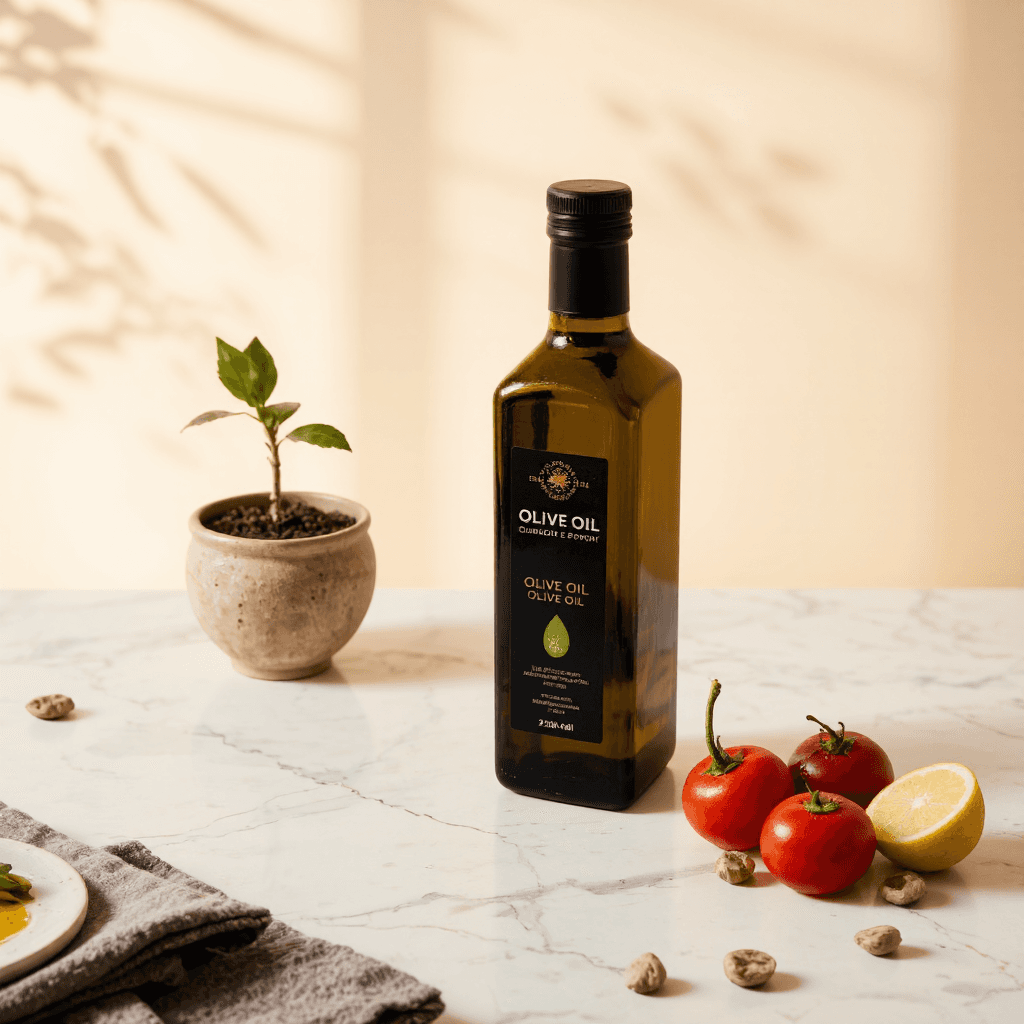 product photography of bottle of olive oil