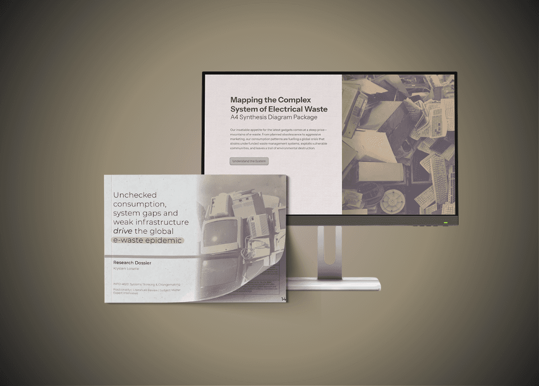 Visual display of a digital systems mapping project on electronic waste, featuring a monitor with an e-waste synthesis diagram and a printed research dossier titled “Unchecked consumption... drive the global e-waste epidemic” by Krysten Loiselle.