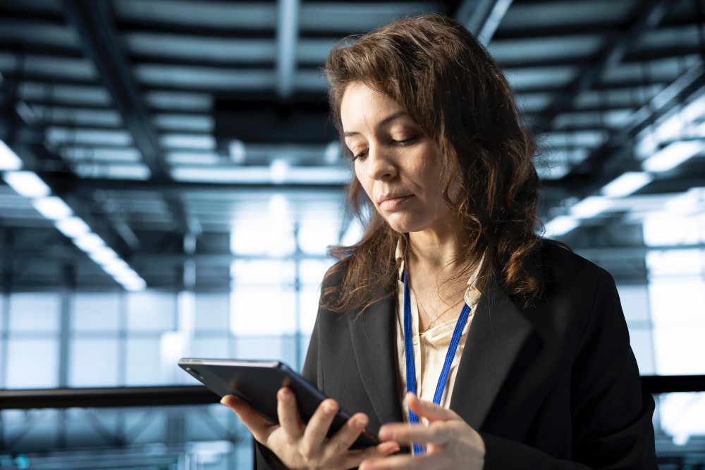 Woman in a blue blazer using a tablet in an office, representing visibility and control over facility operations and maintenance.
