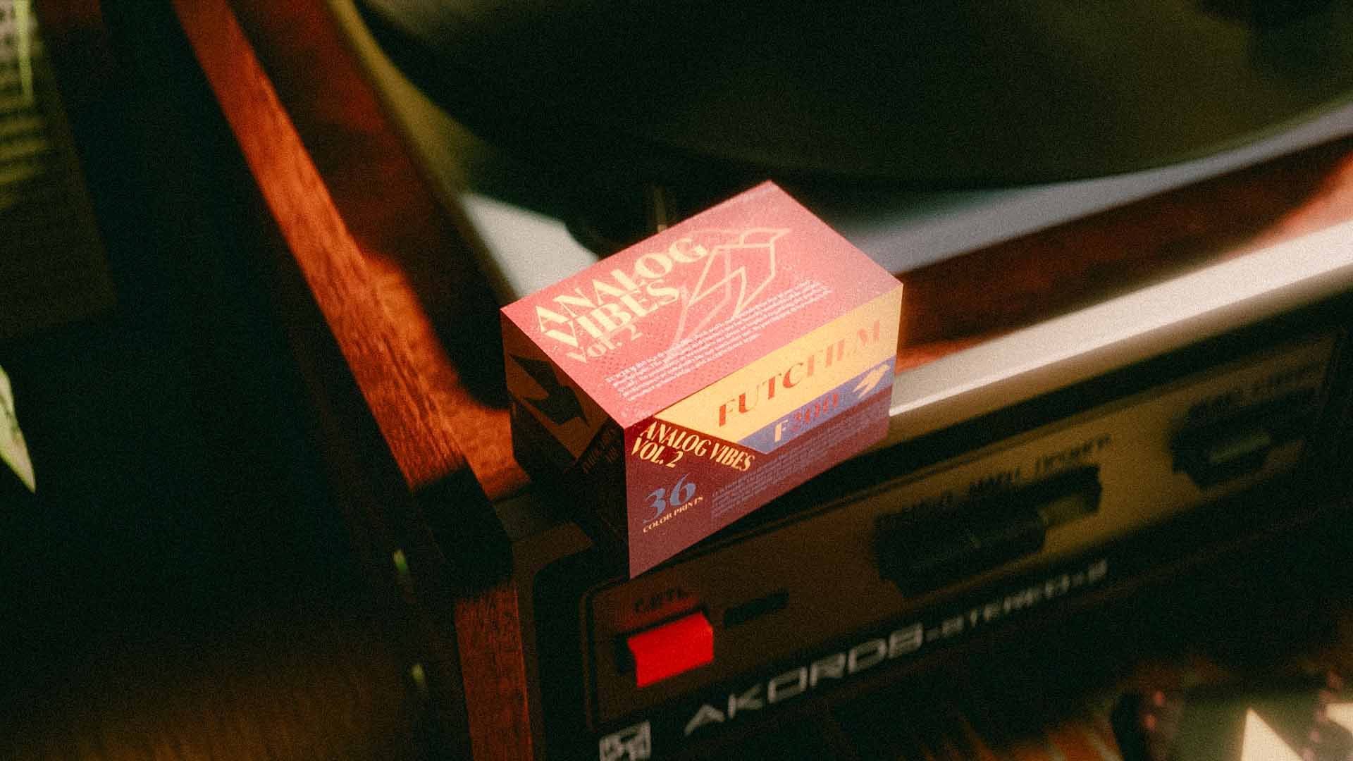3d render of a 35mm film box with the analog vibes vol.2 branding
