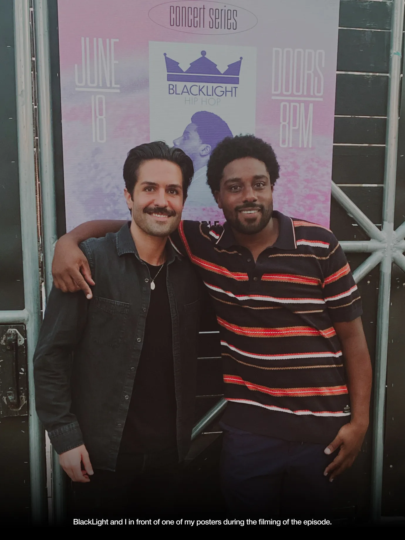 BlackLight Hip Hop — Designer Keith Paul Acton with BlackLight during filming, poster in background — Behind-the-scenes