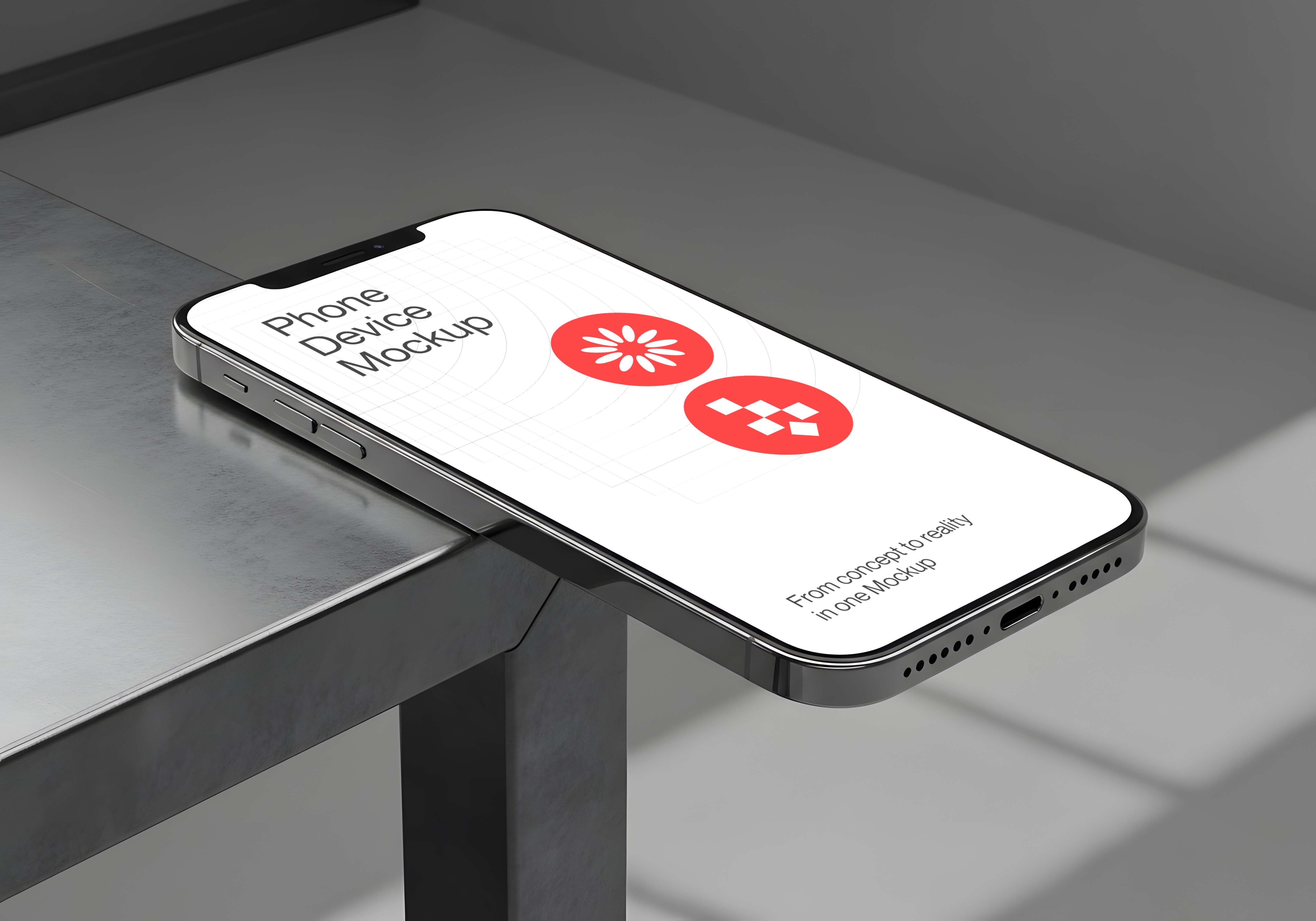 A close-up perspective of a smartphone mockup resting on the edge of a grey concrete table, featuring a white screen with red icons and "Phone Device Mockup" text in a minimalist setting.