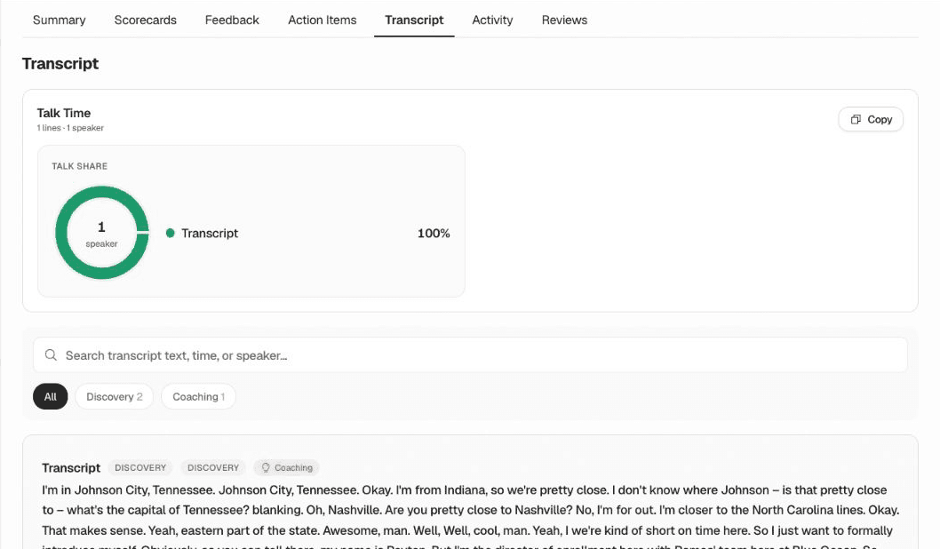 Kendo call analysis transcript view with timestamped conversation text