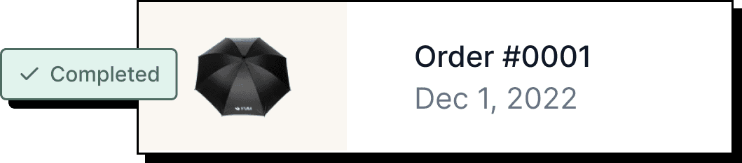 Order card displays a black umbrella, labeled "Order #0001," dated "Dec 1, 2022," with a green checkmark and "Completed" status.