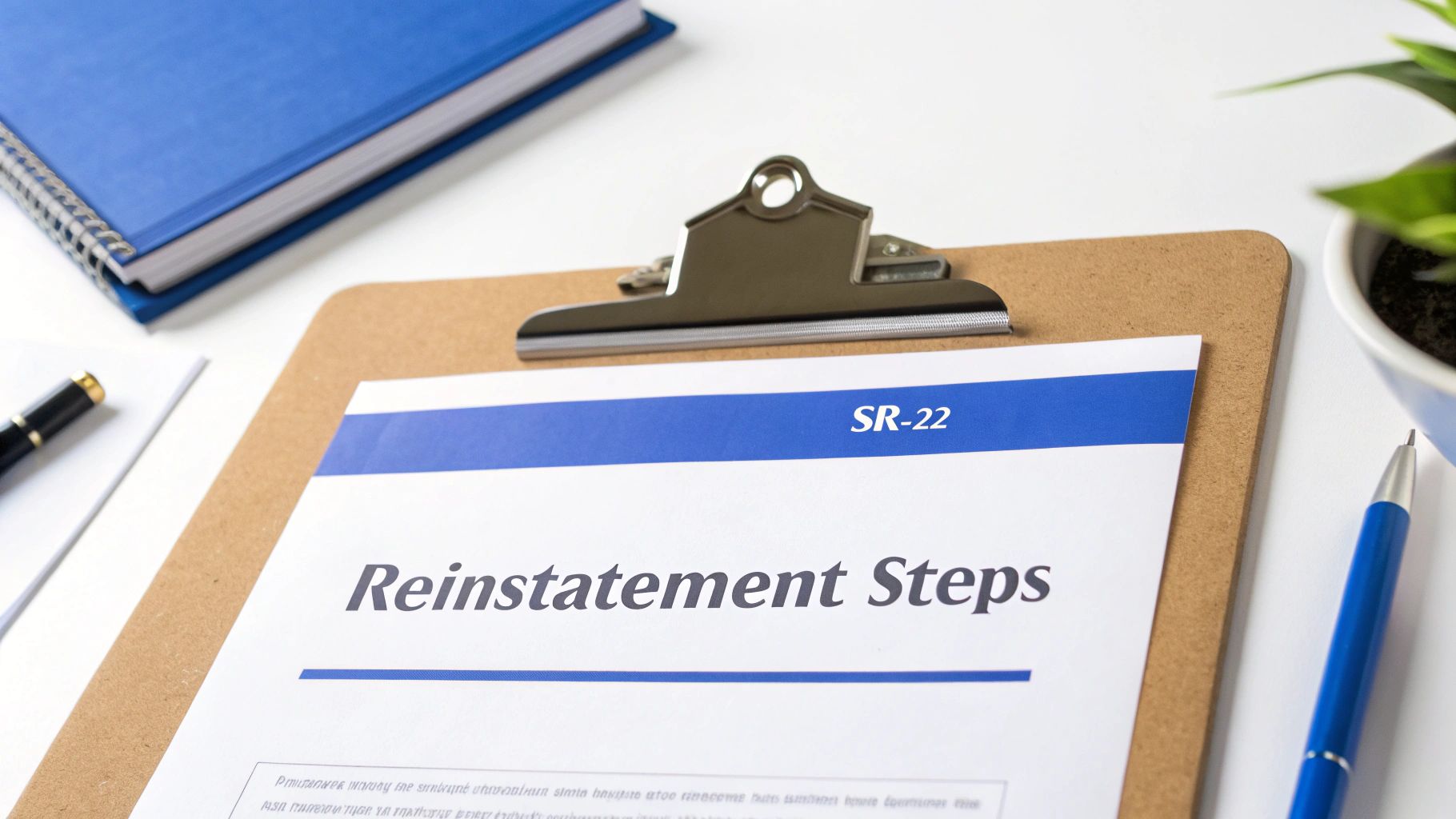 A close-up of a document on a clipboard showing 'Reinstatement Steps' and 'SR-22' for license restoration.