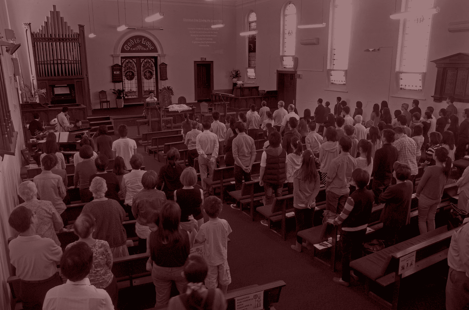 A church hall filled with a congregation