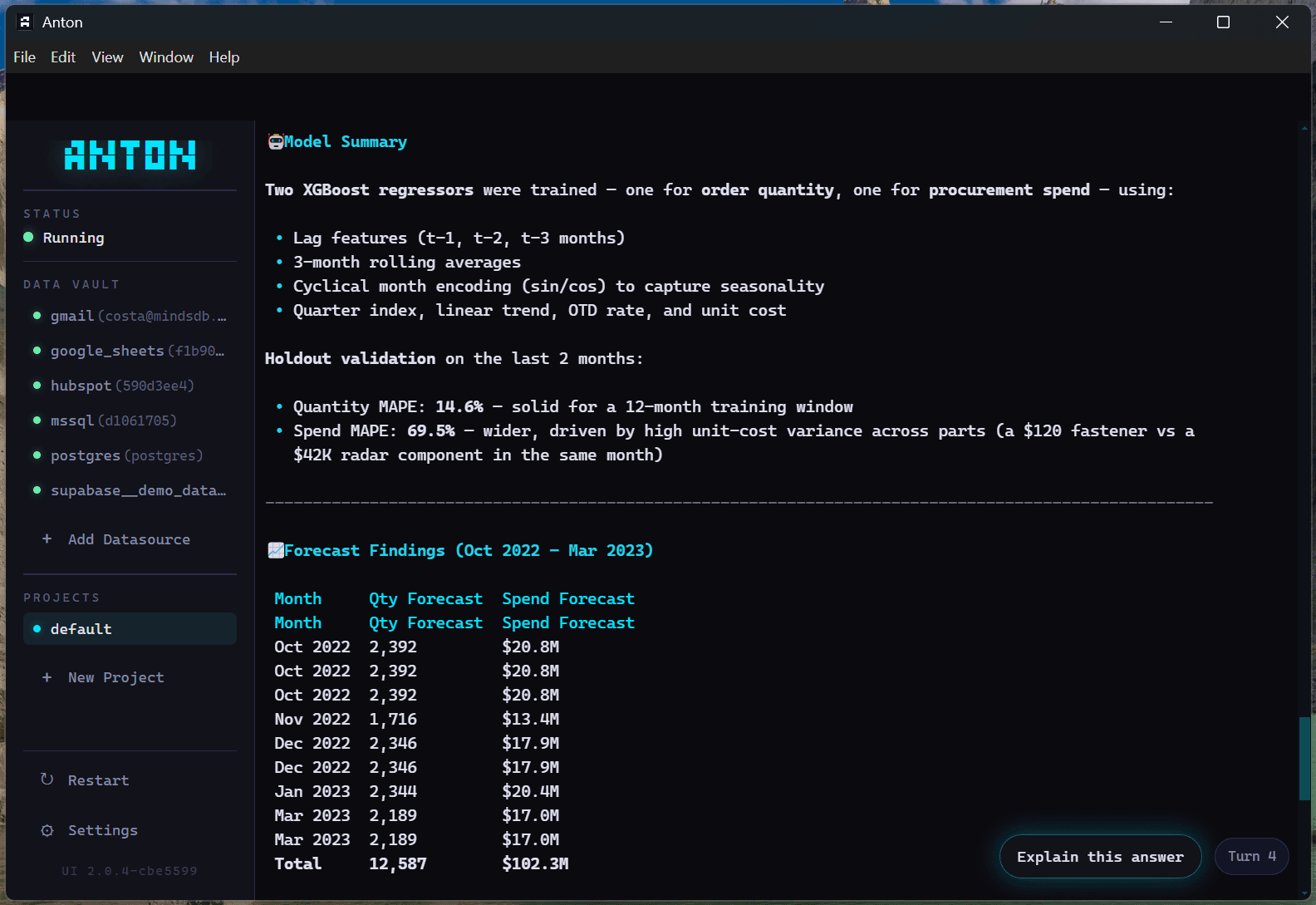 Screenshot 6: Anton's model diagnostics. Two XGBoost regressors, honest MAPE numbers, and the caveat already written in.