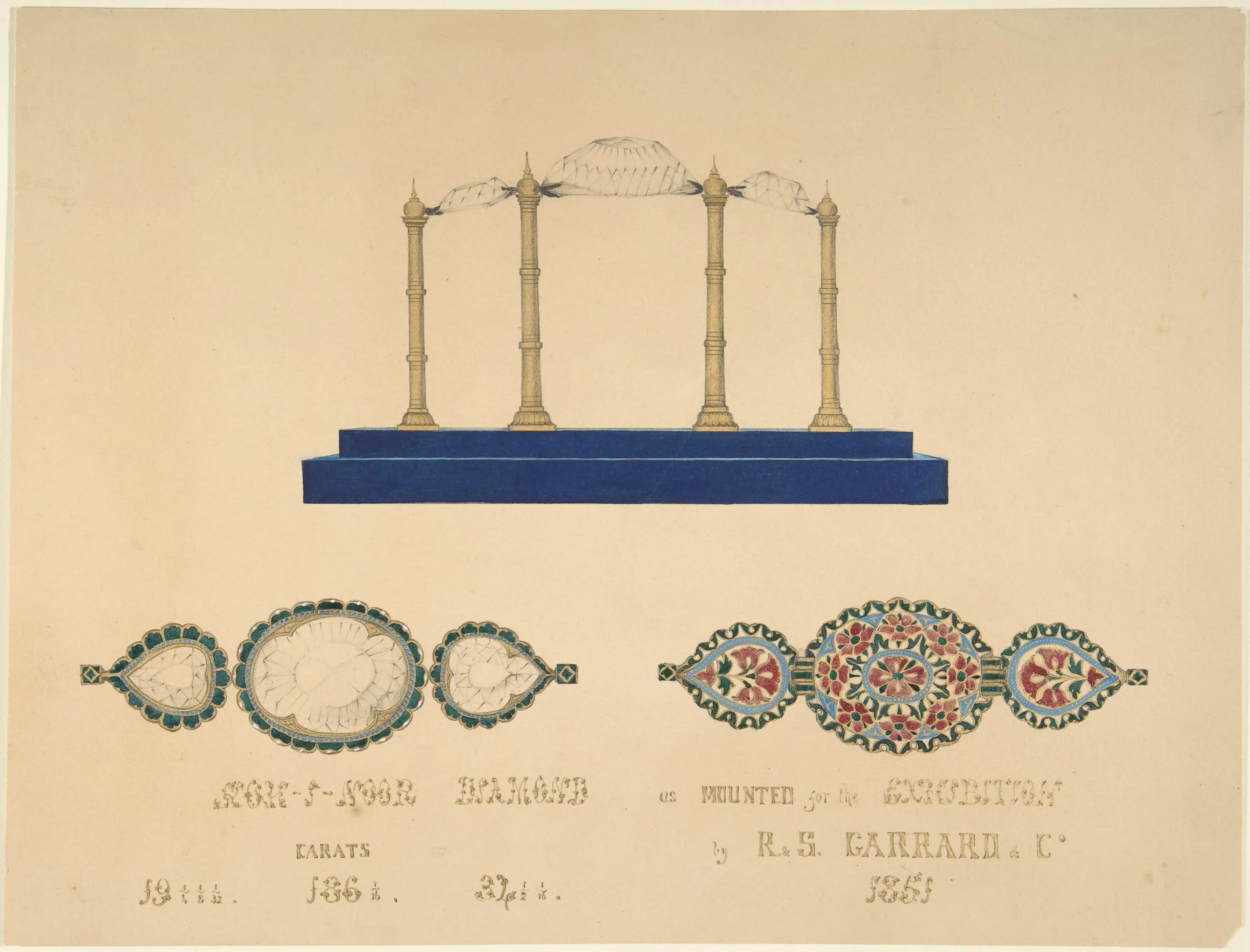 Rysunek jubilerski diamentu Koh-i-Noor autorstwa R. S. Garrard & Co. z 1851 roku.