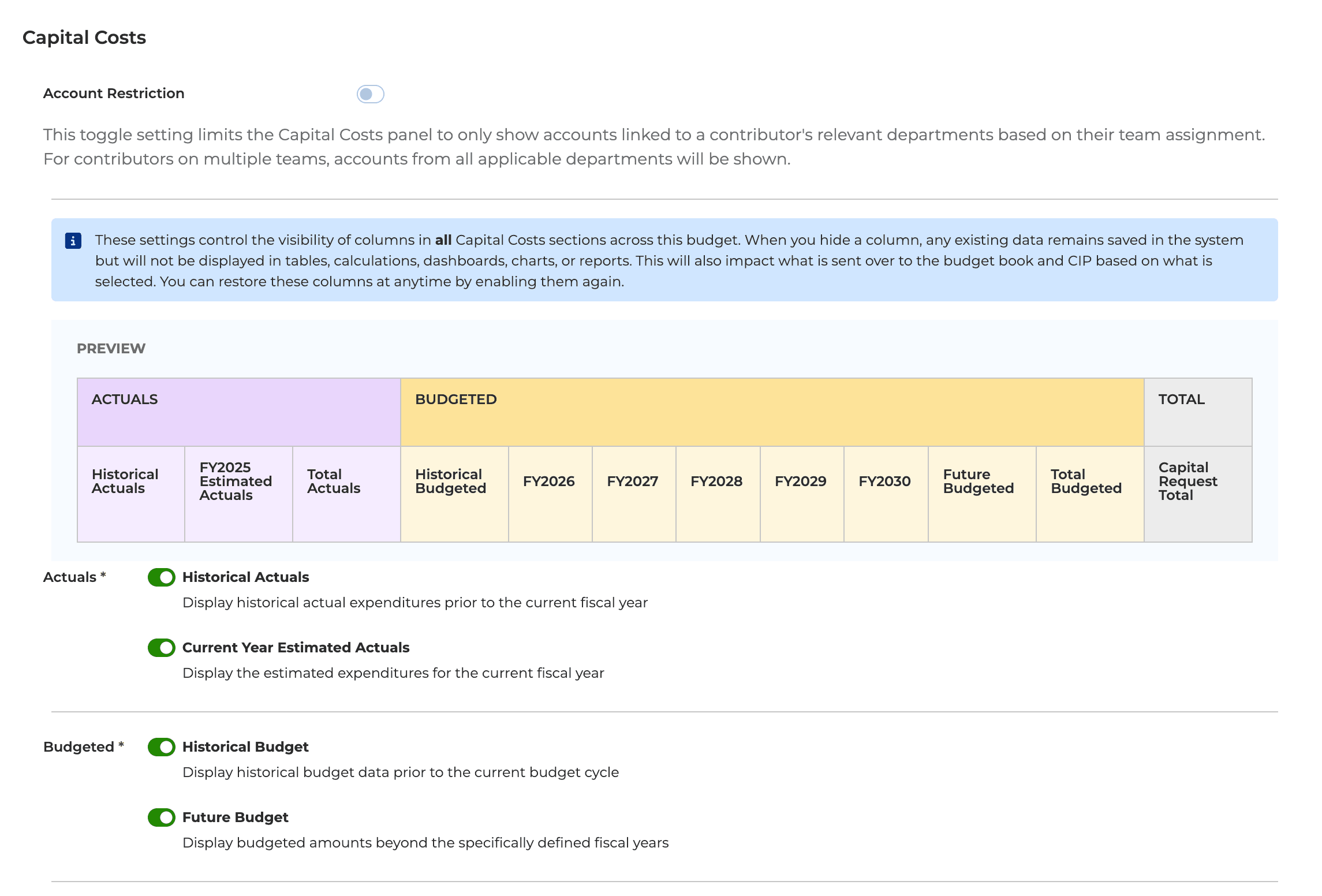 Screenshot of Clear Gov capital budgeting settings 