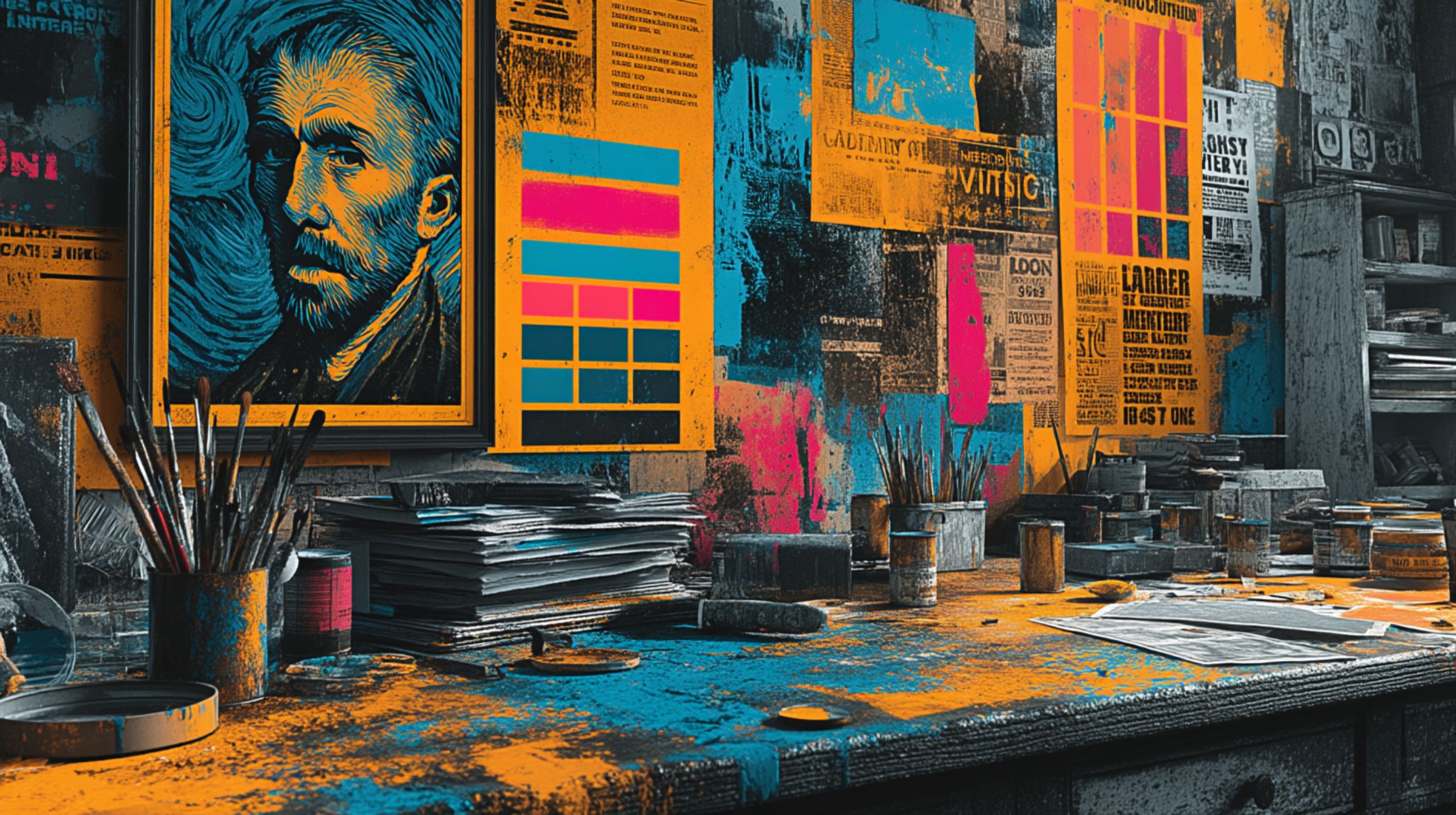 A studio wall cluttered with Van Gogh posters, color swatches, and spilled paint — history and rebellion in the same palette.