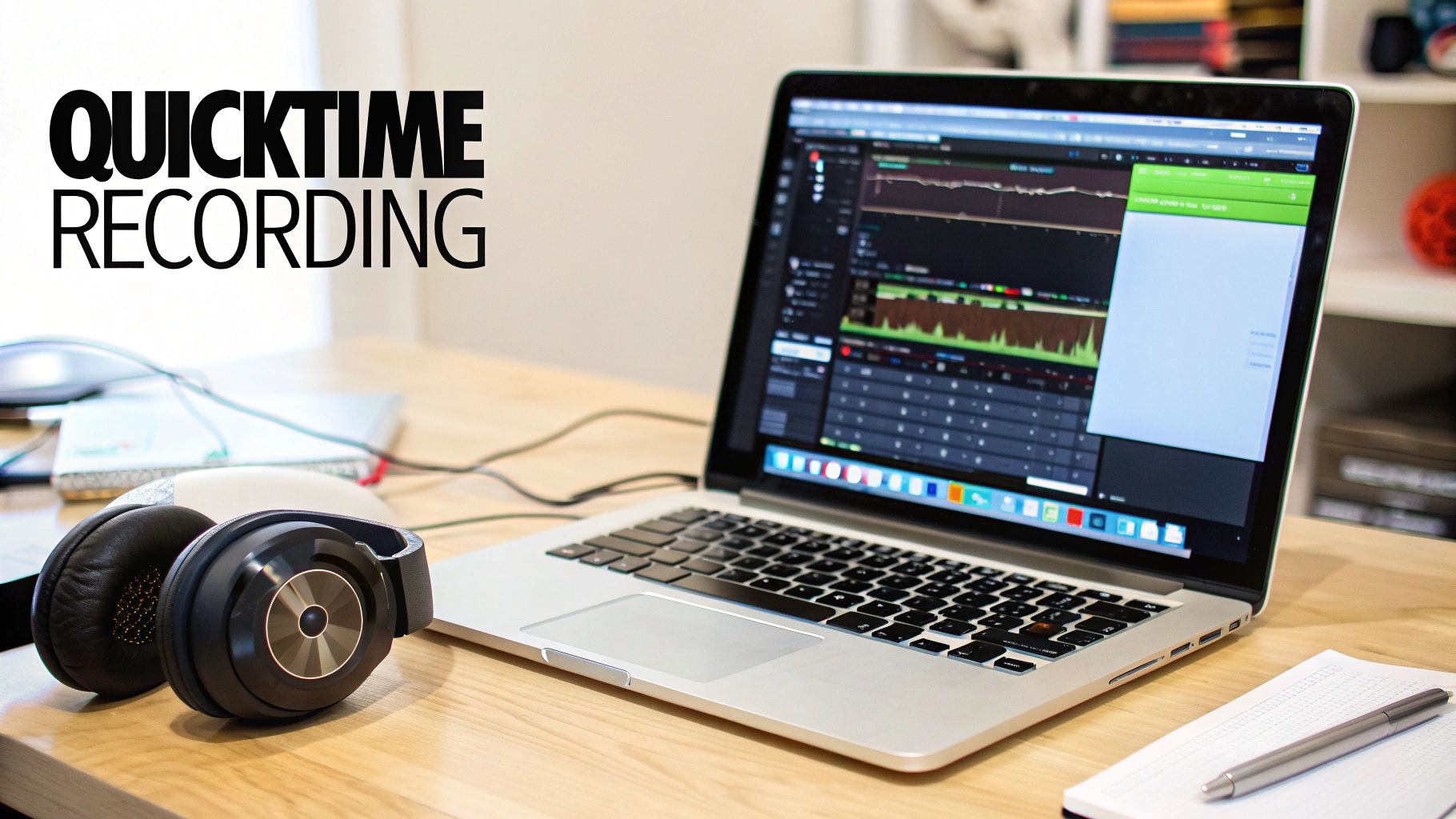 A workspace with a laptop displaying QuickTime recording, headphones, notepad, and a pen.